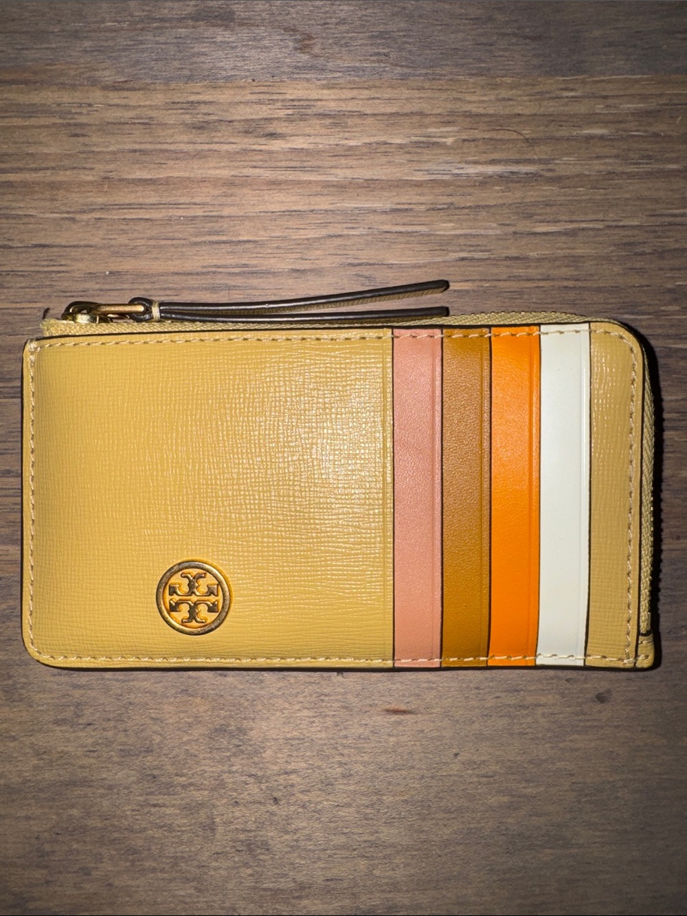 Tory Burch Mustard Yellow Zip Card Case with Multicolor Stripe Slots